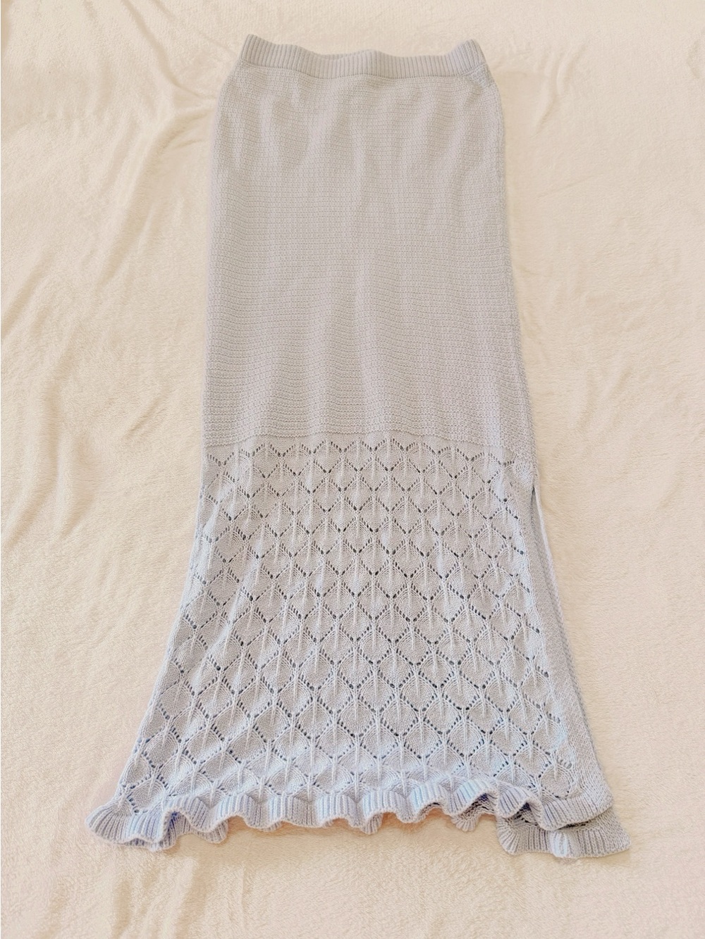 Olive & Oak Light Blue Knit Midi Skirt with Eyelet Hem